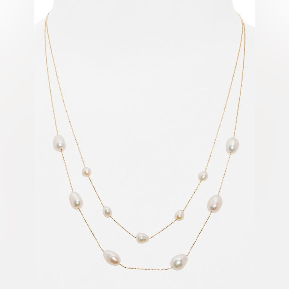 Genuine Freshwater Pearl Adjustable Layered Necklace Yellow Gold Tone NWT